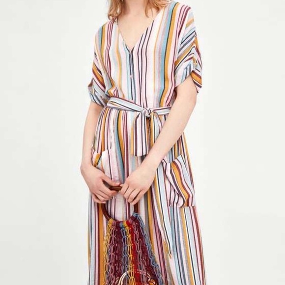 Chelsea & Theodore Dresses & Skirts - Chelsea & Theodore Linen Rainbow Candy Striped Multicolor V-Neck Shirt Dress 2X
